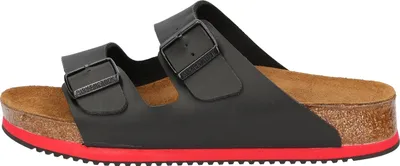 A side view of a black Birkenstock sandal with a red sole.