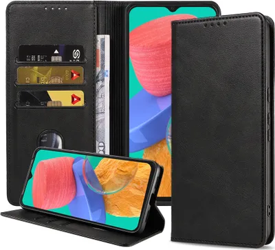 Zdjęcie produktu dla Etui na telefon Smartphonica odpowiednie dla Samsung Galaxy M33 Etui ze sztucznej skóry z magnetycznym zapięciem i kieszonkami na karty Etui książkowe z klapką - czarne