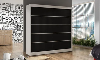 Produktbild von Schwebetürenschrank Basti IV 200 cm mit Spiegel - Kleiderschrank mit 2 Türen, Kleiderstange und Einlegeboden, 200x215x58 cm (Weiß/Schwarz)