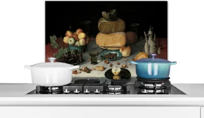 Produktbild von KitchenYeah®  Spritzschutz Küche - Küchenrückwand - Wandschutz für Herd und Spüle - Stilleben mit Käse - Kunstwerk - Alte Meister 70x50 - Alu-Dibond (Alternative zum Spritzschutz aus Glas) - Hitzebest