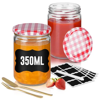 Obrázek produktu pro Sklenice QEENTOE na marmeládu se šroubovacím víkem, sklenice na zavařování, vhodné do myčky, červeno-bílé kostkované víčko, 12 kusů, objem 350 ml