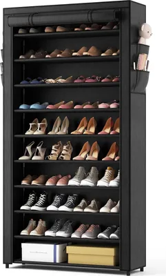 Image de Étagère à chaussures, 10 niveaux, pour 50 à 55 paires, en métal, avec protection anti-poussière, de couleur noire, idéale pour l'entrée