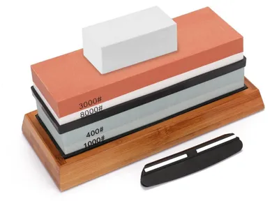 Image de INF Kit d'affûtage en corindon — Pierres 400/1000 & 3000/8000 grain double-face avec base bambou antidérapante, guide d'angle, pince pour couteau et pierre de remise à plat