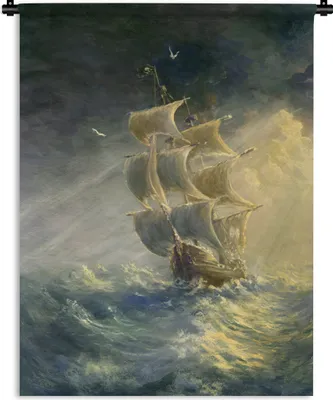 Produktbild von MuchoWow® Wandteppich Wandbehang Illustration eines Segelschiffs bei Sonnenuntergang 150x200 cm Tapisserie Dekoration Wandtuch - Wandaufhängung - Moderner