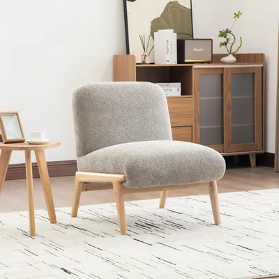 Image de Fauteuil de relaxation scandinave en tissu, revêtement en chenille, structure en bois, couleur gris, dimensions : 61,5 x 74 x 76 cm