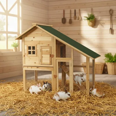 A wooden rabbit hutch with several rabbits in a straw-filled enclosure, set against a wooden plank wall and a window.