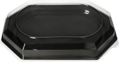 A black serving platter with a clear lid, shown from a slightly elevated angle against a white background.