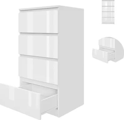 Zdjęcie produktu dla YUMEBLY | Komoda 50x97x40 cm z 4 szufladami – szafka do salonu, sypialni, biura lub pokoju dziecięcego | Biały połysk