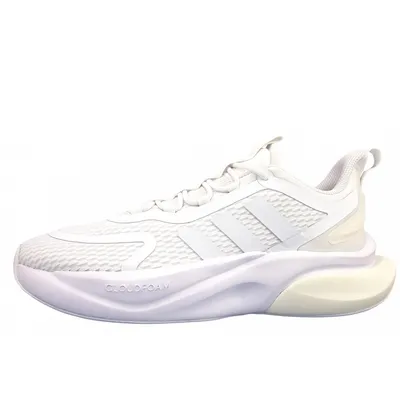 A white Adidas Alphabounce+ sports shoe is shown in profile against a white background.