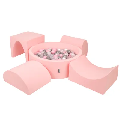 Obrázok produktu pre KiddyMoon Mäkké penové ihrisko pre deti s guľatým loptičkovým ihriskom (300 ∅ 7 cm) s mäkkými prekážkami a loptičkovým bazénom,  vyrobené v EÚ, Ružová: Perla/Grey/Transparentné/Púdrovo ru