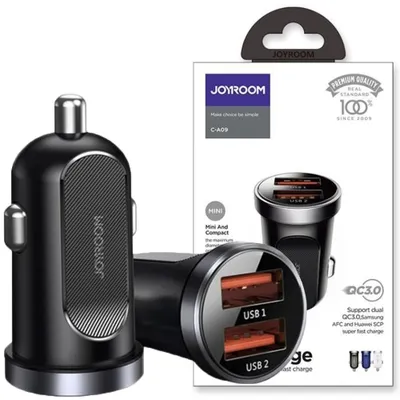 Zdjęcie produktu dla Joyroom C-A09 Mini Szybka Ładowarka Samochodowa 2X Usb 30W Quick Charge, Scp, Pd, Afc Czarny