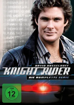 A promotional image for the Knight Rider complete series DVD box set, featuring a close-up of David Hasselhoff.