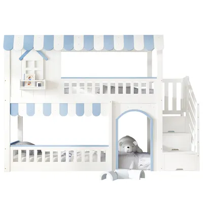 Produktbild von Merax Etagenbett Hochbett 90x200cm mit Treppenaufbewahrung und Schutzgitter, Kinderbett mit Lattenrost und Fensterdesign, Kiefer + MDF, Weiß + Blau