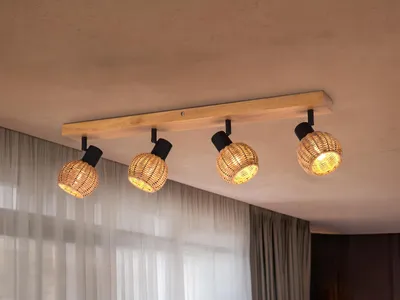Produktbild von Deckenstrahler innen 4 flammig mit Holz und Lampenschirmen aus Rattan, B: 70cm