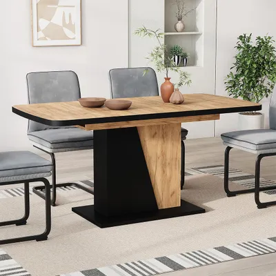 A dining table with chairs in a room setting.