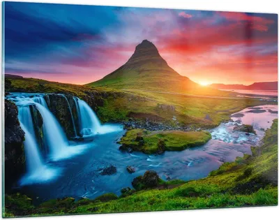 Produktbild von Bilder auf glas - Sonnenuntergang Wasserfall Island Vulkan - 120x80cm - Glasbilder - Wandbilder - Kunstdruck - Wanddekoration aus Glas - Glas Bilder - Wandbild auf Glas - GAA120x80-2963