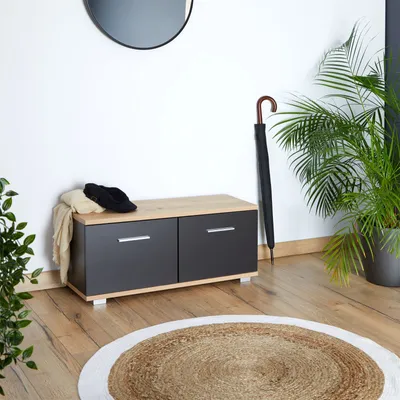Produktbild von Sitzbank BILBAO mit 2 Türen & 4 Fächern  in Artisan Eiche/Kosmos Grau, belastbar bis 100 kg Schuhregal mit Sitzfläche Schuhbank Garderobenbank Flurmöbel