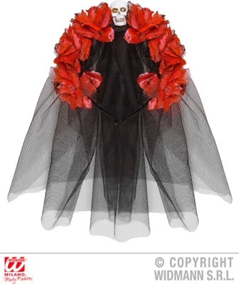 Immagine prodotto di Velo da sposa Halloween "Fiori e teschio" | Nero Rosso