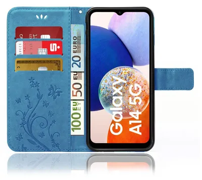 Produktbild von Handy Tasche für Samsung Galaxy A14 / A14 5G Schutz Hülle Handyhülle mit Blumenmuster Klapp Hülle mit Standfunktion und Kartenfächer Blau