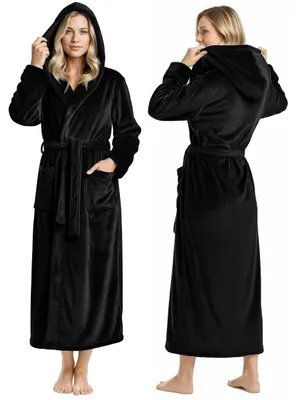Produktbild von NY Threads Frauen Fleece Kapuzen-Bademantel - Plüsch Lange Robe, Schwarz, X-Larg