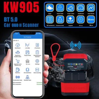 Obrázek produktu pro KONNWEI KW905 BT 5.0 Bezdrátové OBDII Auto Diagnostické skenovací nástroje Auto Detector Tester Scanner pro IOS Android System, červený