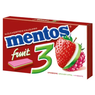 Zdjęcie produktu dla Mentos Gum 3 Owoce Truskawka Zielone Jabłko Smak Malinowy 33g