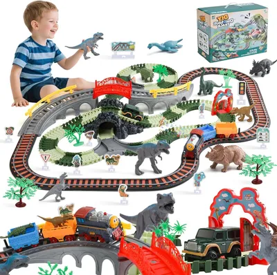 Image de Piste de course de dinosaures - Jouet train - Pour enfants - 259 pièces - 115 x 96 cm - Multicolore