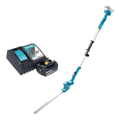 A cordless hedge trimmer, battery, and charger are displayed against a white background.