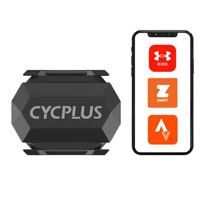 A black CYCPLUS speed/cadence sensor is shown next to a smartphone displaying app icons.
