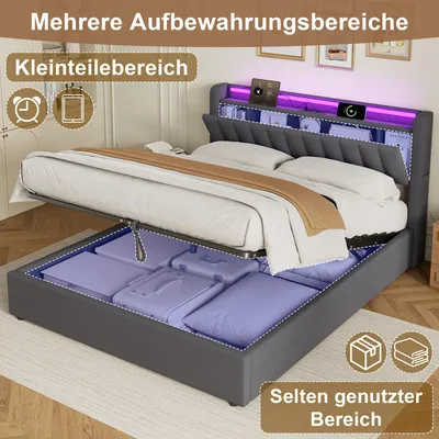 Produktbild von okwish 180×200 Polsterbett mit LED-Licht und Stauraum-Kopfteil, Jugendbett mit Steckdosen und Bettkasten,Boxspringbett in Grau,ohne Matratze