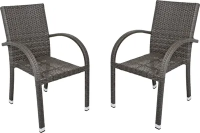 Two dark gray wicker-look chairs are shown against a white background.
