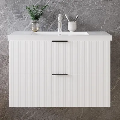 Produktbild von 80cm Badmöbel Set Mineralguss Waschtisch mit Unterschrank Weiß Matt Badezimmerschrank mit geriffelte Schubladentüren