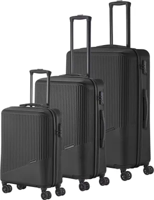 Three black suitcases of different sizes are arranged diagonally on a white background.