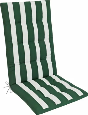 A green and white striped chair cushion on a white background.
