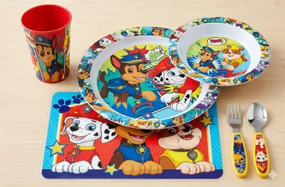 Produktbild von Kinder Esslern-Set Paw Patrol 6 Tlg. – Kunststoffgeschirr, Besteck & Tischunterlage – BPA-frei