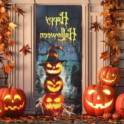 Obrázek produktu pro Halloweenská dekorace na bránu s dýní a čarodějnickou čepicí pro vnitřní i venkovní použití, ideální pro halloweenské oslavy a výzdobu