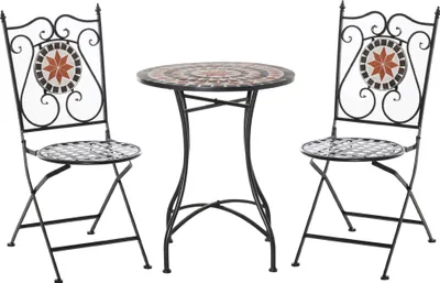 Produktbild von Outsunny Garten Sitzgruppe 3-teilige Mosaiktisch Essgruppe Gartenmöbel-Set 1 Tisch+2 faltbare Stühle Terrasse Metall Mehrfarbing