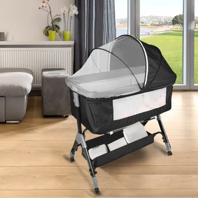 Produktbild von Belfoyer, 3-in-1 Babybett, Beistellbett, Wiege, Reisebett, Schwarz, bis 25 kg, 4-stufig höhenverstellbar, neigbar, inkl. Matratze, ab Geburt, B 0.52m H 1.15m, großer Aufbewahrungskorb, atmungsaktives faltbares Moskitonetz mit Reißverschluss