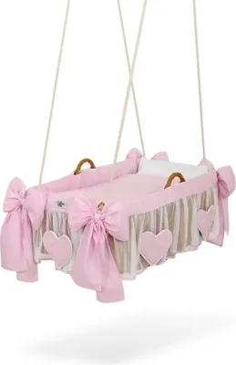 Produktbild von Hängende Baby-Korb aus Naturfaser Rosa mit 100% Baumwollbezug und Zubehör