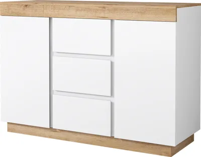 A white and wood sideboard with three drawers and two doors, shown from the front.