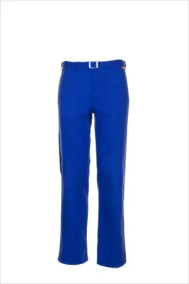 A pair of blue work pants with a white belt.
