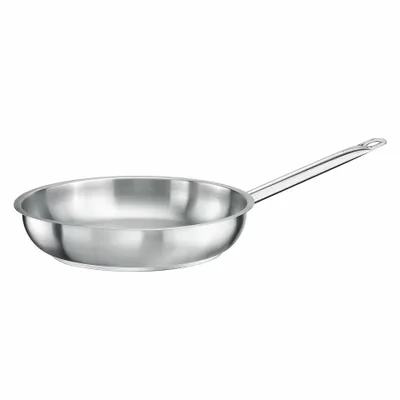 A stainless steel frying pan on a white background.