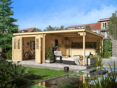 Produktbild von Gartenhaus Blockbohlenhaus CA2977 28 mm naturbelassen mit 3 m Anbau inkl. selbstklebende Dachbahn