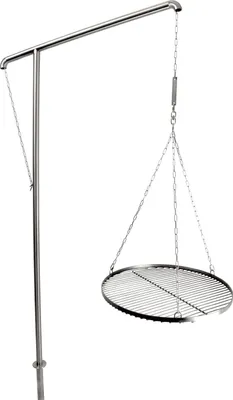 A stainless steel grill gallows with a hanging grill grate, shown against a white background.