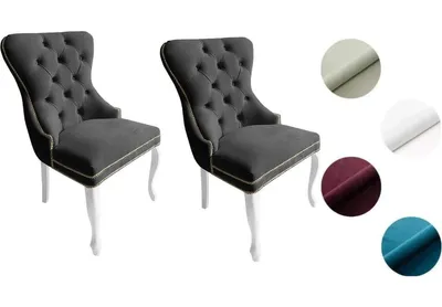 Produktbild von Chesterfield Stuhl MADAME 2 (2 Stück) – eleganter Polsterstuhl im Glamour-Stil, Samt Dunkelgrau, Holzbeine in Weiß, Komfortsitz