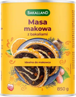 A can of Bakalland Masa makowa (poppy seed filling with dried fruits) with a slice of poppy seed roll on a plate, surrounded by decorative elements like orange slices and poppy seeds.