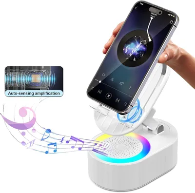 Produktbild von 5-in-1-Handyhalterung, mit Bluetooth Lautsprecher und 3000 mAh Notfall-Akku,Verstellbarer 300° Rotation Tischhalter für Streaming & Musik, Weiß