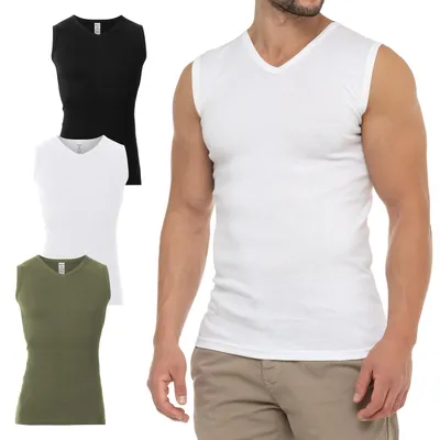 Produktbild von Celodoro Herren Business Muskelshirt V-Neck (3er Pack) Feinripp Top - Olive Weiß Schwarz XL