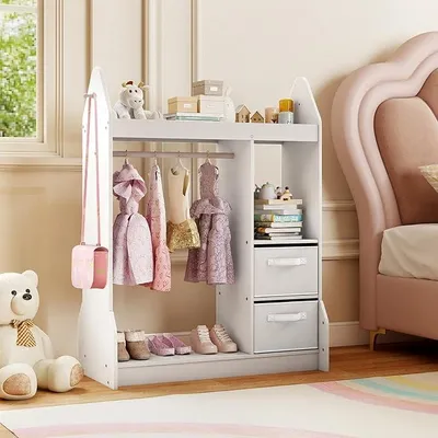 Produktbild von Kinderkleiderschrank mit Stoffschubladen, 81 x 38 x 107 cm, Kindergarderobe mit Spiegel & Kleiderstange, Kinder Kleiderständer aus Holz für Kinderzimmer (Weiß)