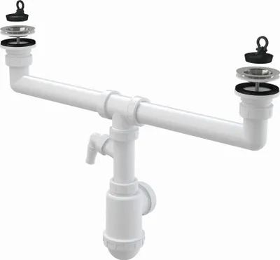 Produktbild von Alcadrain Doppelspülbeckensiphon mit eine m Edelstahlgitter DN 70 und eine m Geräteanschluss